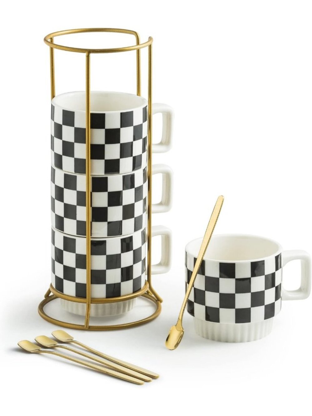 Set of 4 Stackable Coffee Mugs with Rack & Spoons - Space-Saving Kitchen